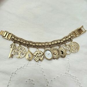 Anne Klein Gold Tone Charm Bracelet with Watch & Locket Charm Jingles